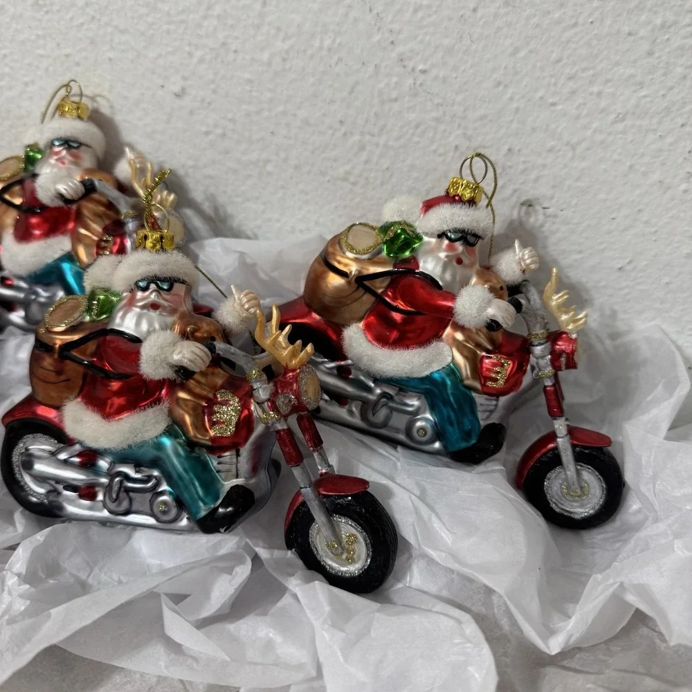Peschka Rider Biker Santa Claus Glass Christmas Ornament Set‎ Of 4 Vintage